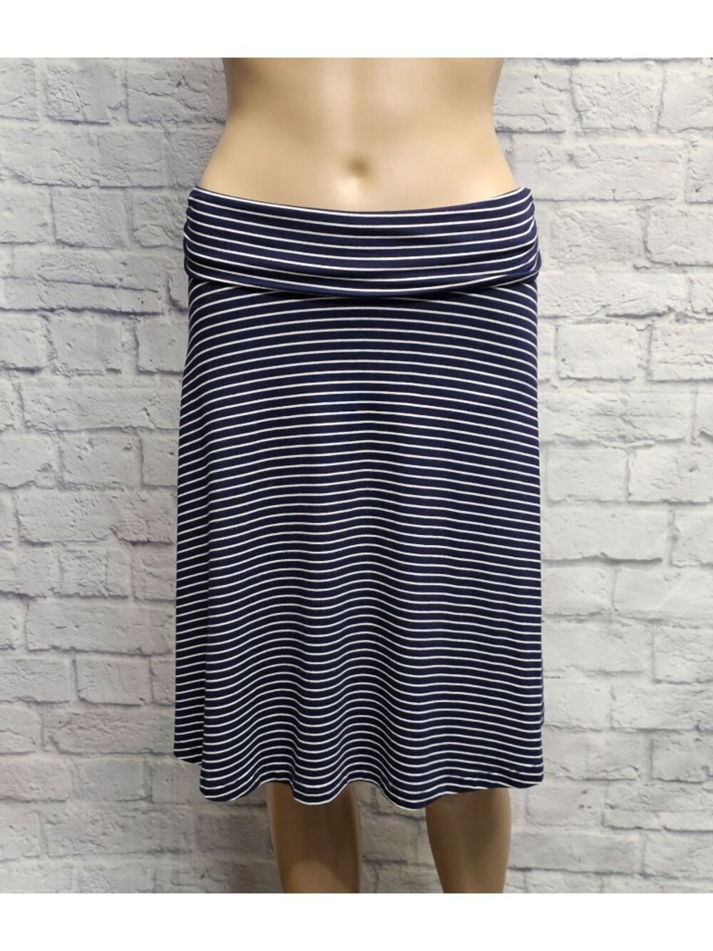 NEW GAP XS NAVY BLUE WHITE STRIPE JERSEY FOLDOVER A-LINE FLARE KNEE SKIRT